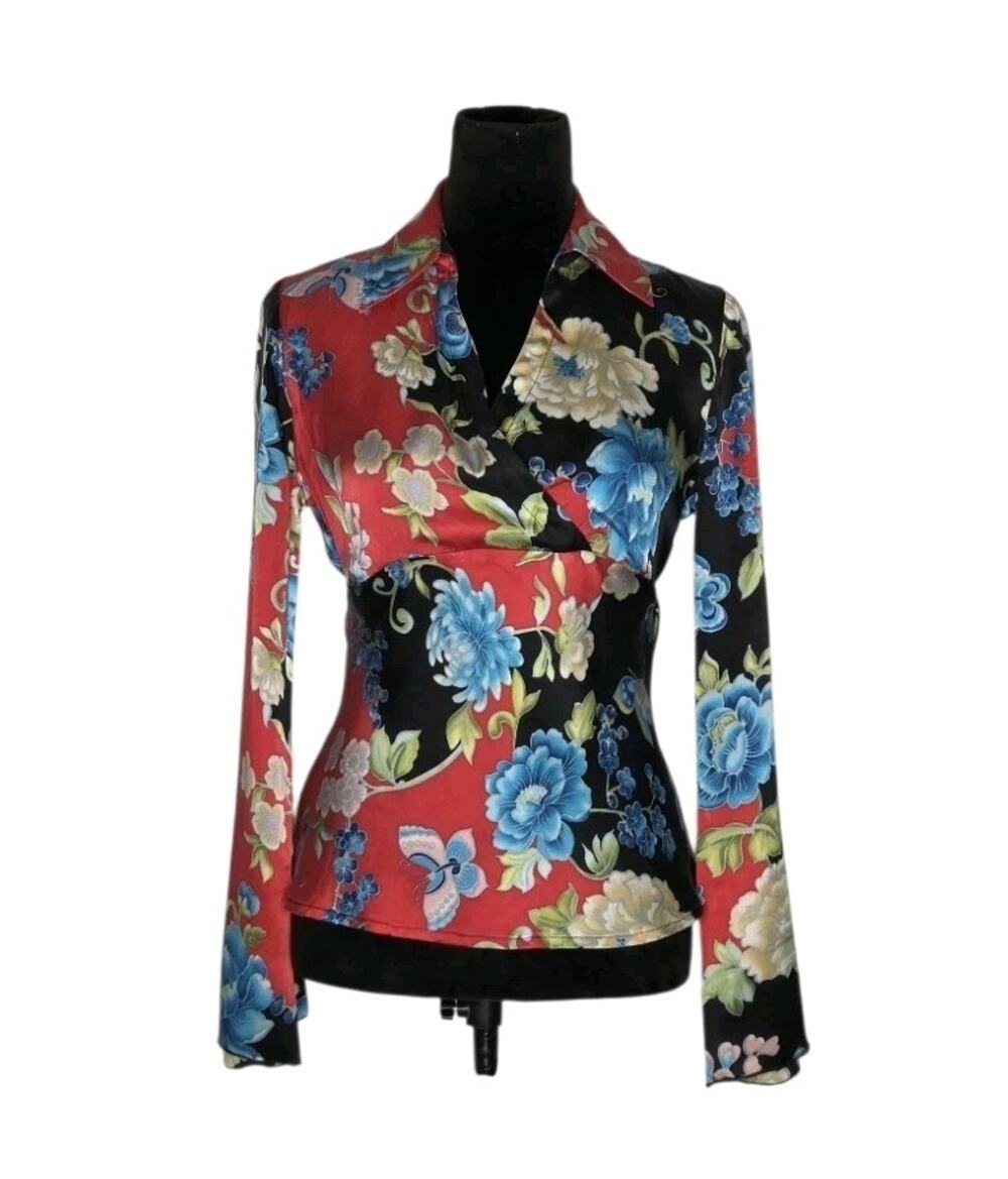 VTG Y2K S.L.B. Silk Butterfly Floral Faux Wrap Tie Waist Flare Sleeve Blouse S